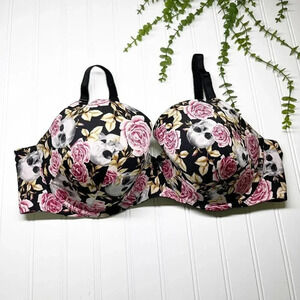 Torrid Black Roses & Skulls 360 Back Smoothing Lightly Lined T Shirt Bra 44C